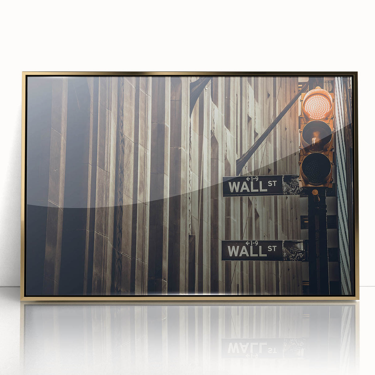 Framed acrylic print of New York's Wall Street in gold and black tones, featuring a mid-century modernist style.