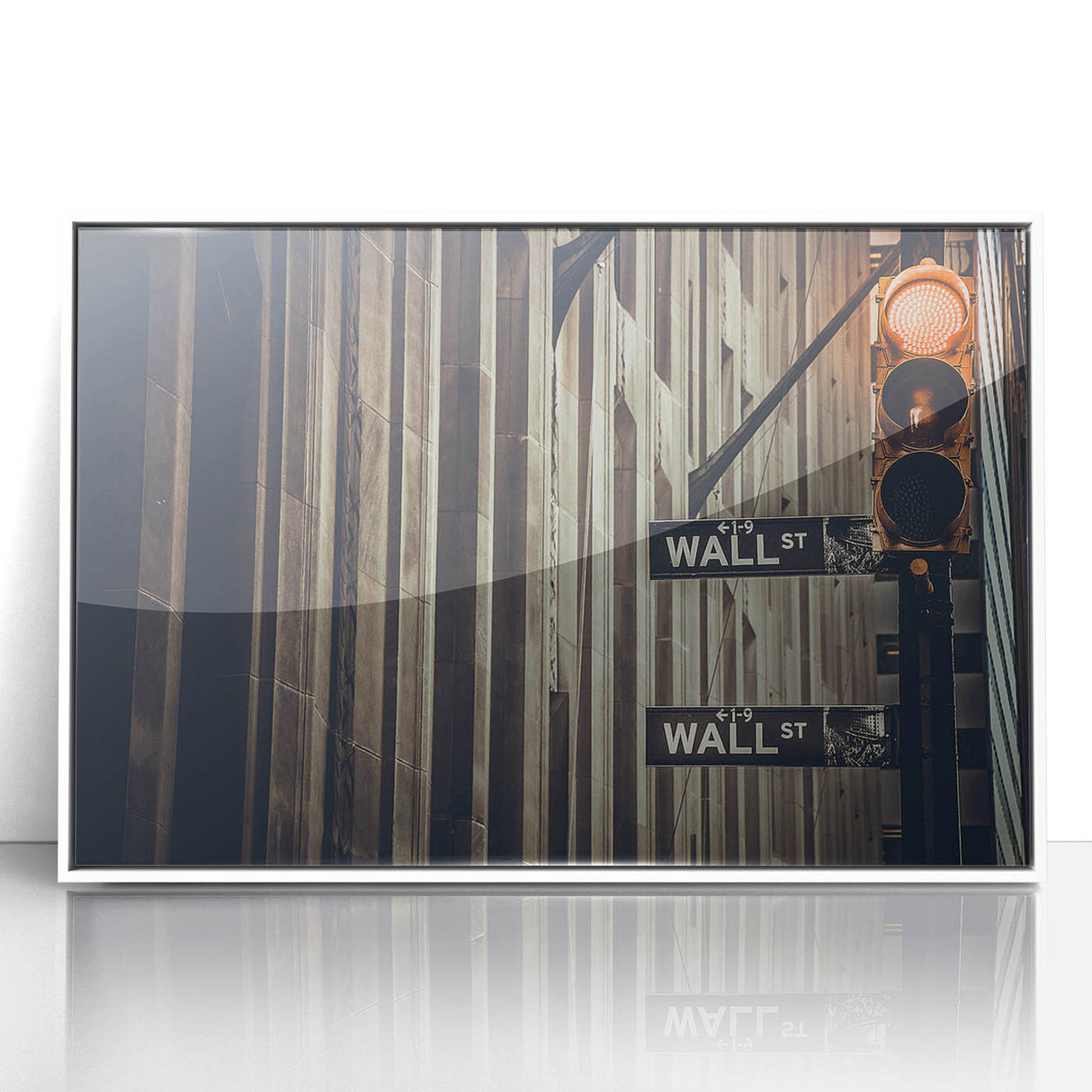 Art deco poster of Wall Street in muted gray and blue tones, acrylic print in white frame, ideal for modern office decor.