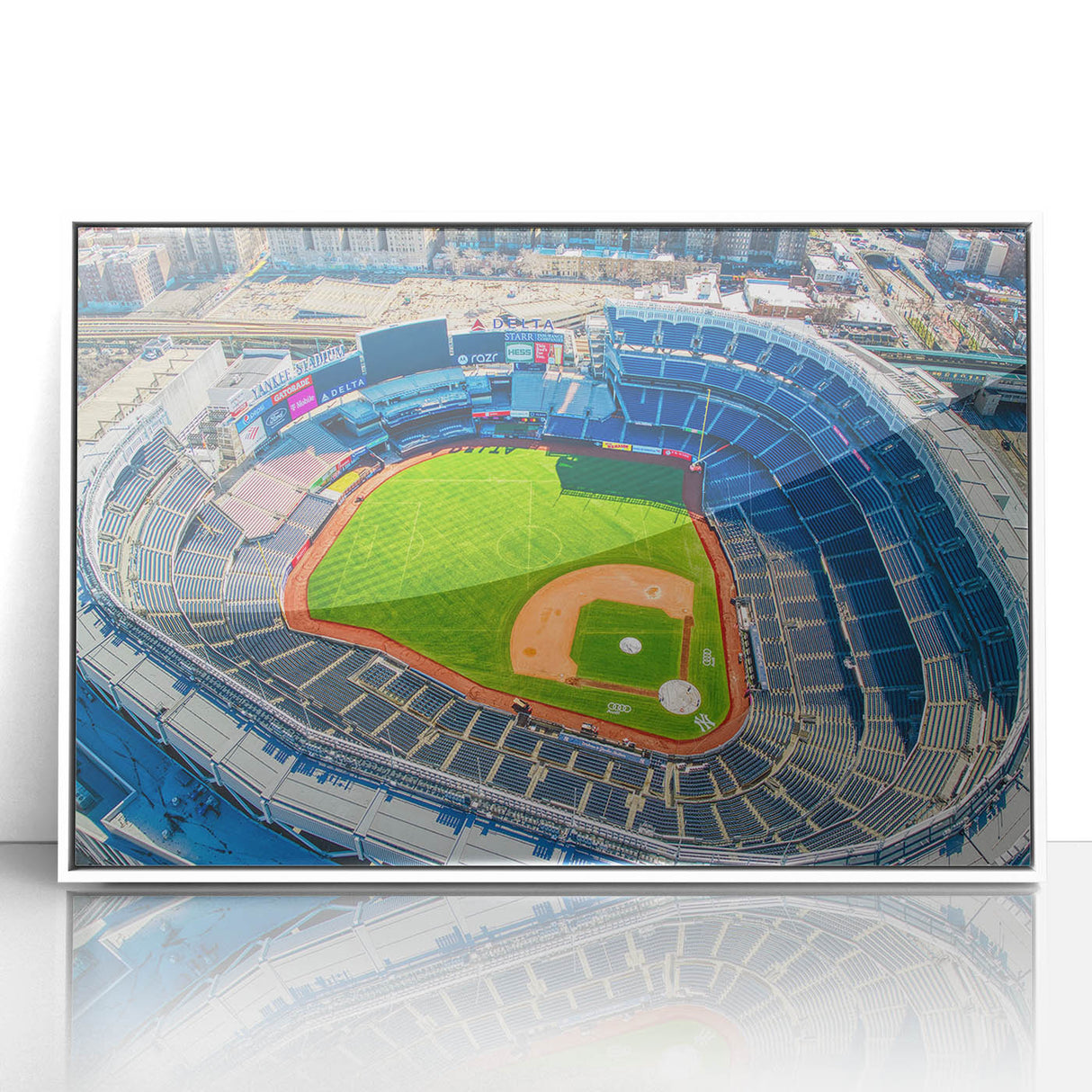 Art deco poster of NYC with Yankee Stadium in muted gray and blue tones, acrylic framed, suitable for modern art wall decor.