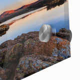 Large abstract wall art depicting a mid-century modernist Oklahoma scenery in muted earth tones on acrylic glass.