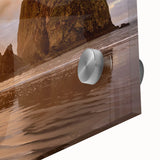 Large abstract wall art of Cannon Beach, Oregon, in muted earth tones on acrylic glass, suitable for dining room decor.