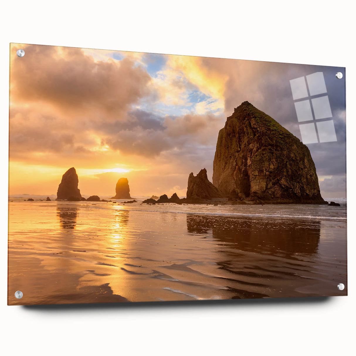 Acrylic print of Cannon Beach, Oregon, with soft gray and blue tones, ideal for bedroom or dining room decor.