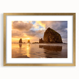 Extra large wall art depicting textured abstract Cannon Beach scene in Oregon, with muted earth tones on a framed canvas.
