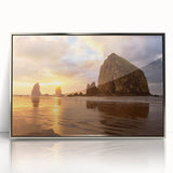 Framed acrylic print of Cannon Beach, Oregon, in muted gray and blue tones, ideal for modern art wall decor.