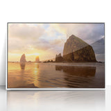 Acrylic print of Cannon Beach, Oregon with muted earth tones in an art deco style, suitable for modern art wall decor.