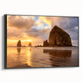 Black and white framed canvas of Cannon Beach, Oregon, with a vintage poster art style, ideal for bedroom wall decor.
