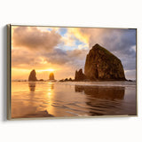 Framed canvas wall art depicting Cannon Beach, Oregon, in muted gray and black tones, suitable for bedroom decor.