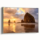 Framed canvas of Cannon Beach, Oregon in a vintage poster style, featuring pastel shades, ideal for living room decor.