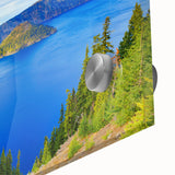 Mid-century modernist style large abstract wall art of Crater Lake, Oregon, in muted blue tones on acrylic glass.