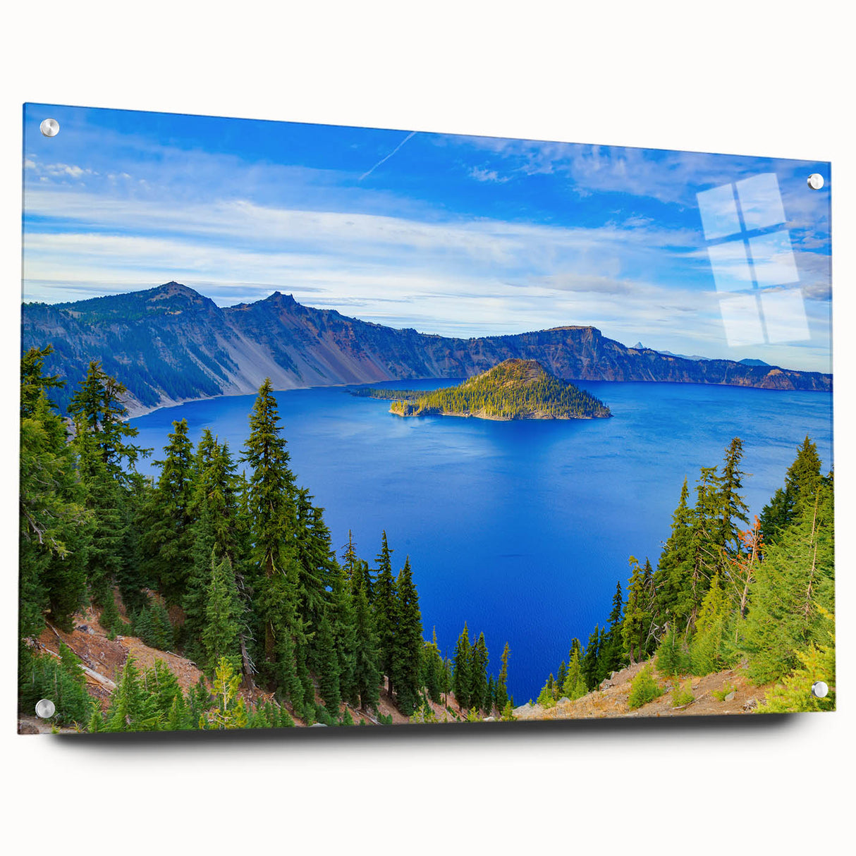 Acrylic print of Crater Lake in Oregon, featuring deep blue hues and framed by pine trees.