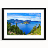 Extra large framed print of Crater Lake with textured abstract art in vibrant colors, ideal for living room decor.