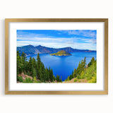 Extra large wall art featuring an abstract depiction of Crater Lake in textured blues and greens, framed in gold.