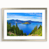 Textured art print of Crater Lake in Oregon, featuring vivid blue and green hues, framed in silver, ideal for bedroom art.