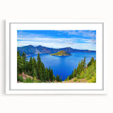 Abstract art print of Crater Lake, Oregon, featuring cool blue tones on a white framed canvas, ideal for dining room decor.