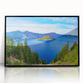 Large abstract wall art of Crater Lake, Oregon in muted blue tones on framed acrylic, ideal for modern living room decor.