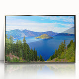 Mid-century modernist art of Crater Lake, Oregon, in muted blues and greens on a silver-framed acrylic.