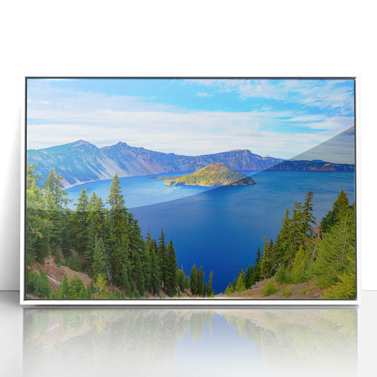 Crater Lake, Oregon depicted in muted blue and green tones on a framed acrylic, ideal for modern art wall decor.