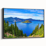 Black and white framed canvas of Crater Lake, Oregon, in a vintage poster style, ideal for bedroom wall decor.