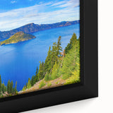 Extra large framed canvas featuring a textured depiction of Crater Lake, Oregon, using a black and colorful art palette.
