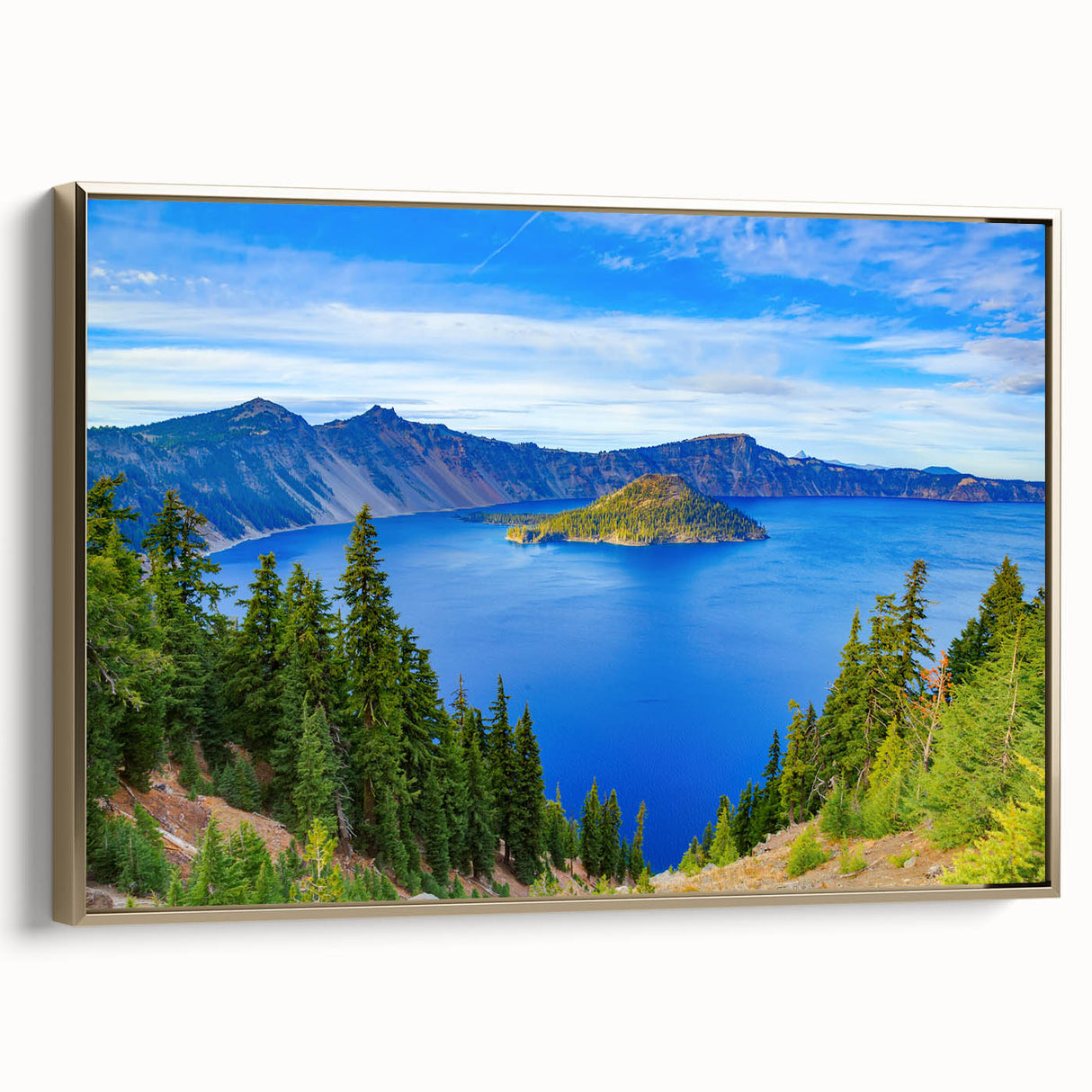 Framed canvas of Crater Lake in Oregon featuring a vintage-style landscape with black and gold tones.