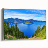 Framed canvas featuring a vintage-style landscape art painting of Crater Lake, Oregon.