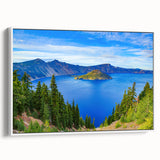 Vintage poster art of Crater Lake, Oregon in colorful hues on a large framed canvas, ideal for living room decor.
