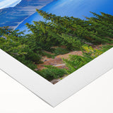 Art deco poster of Crater Lake, Oregon, in muted blue and green tones on rolled canvas, suitable for dining room wall art.