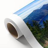 Art deco poster of Crater Lake with vibrant blue tones on rolled canvas, suitable for nursery wall art or dining room decor.