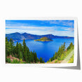 Extra large wall art featuring Crater Lake, Oregon, in muted blue tones on a rolled print, suitable for dining room decor.