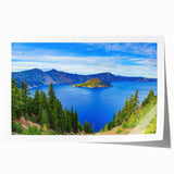Extra large wall art featuring Crater Lake, Oregon, in muted blue tones on a rolled print, suitable for dining room decor.