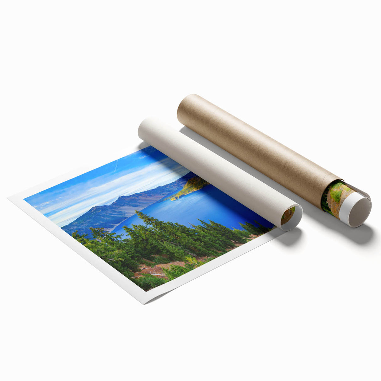 Extra large rolled print of Crater Lake in Oregon with a vibrant blue and green palette, ideal for classy bathroom wall art.