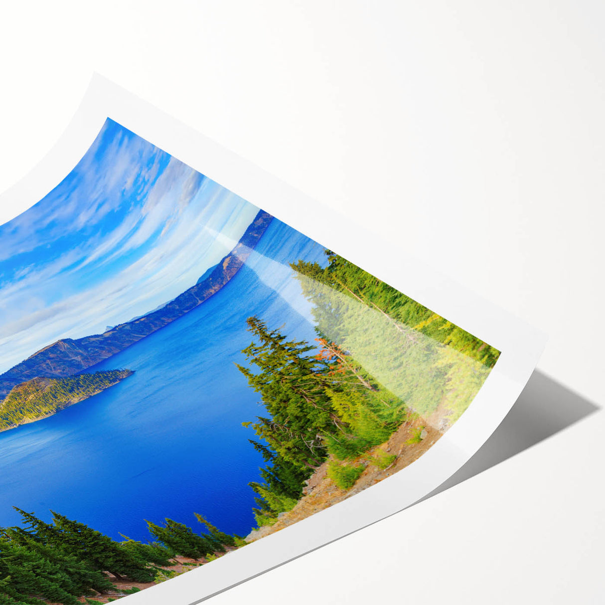 Extra large wall art depicting Crater Lake, Oregon in vibrant blues and greens on a rolled canvas.