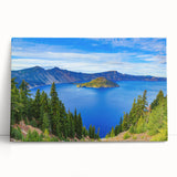 Black and white stretched canvas of Crater Lake, Oregon, ideal for kitchen wall art or bedroom ambiance.
