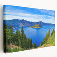 Crater Lake in Oregon depicted on a large stretched canvas with vibrant blue and green hues, suitable for kitchen wall art.
