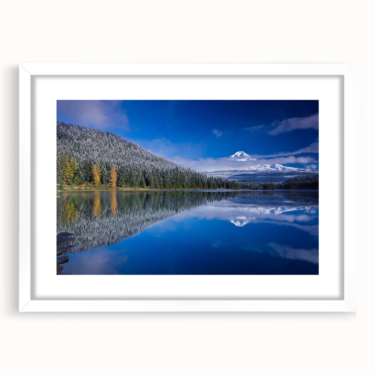 Abstract art print of Mount Hood in muted blue and green tones on a framed canvas, ideal for bedroom or dining room decor.