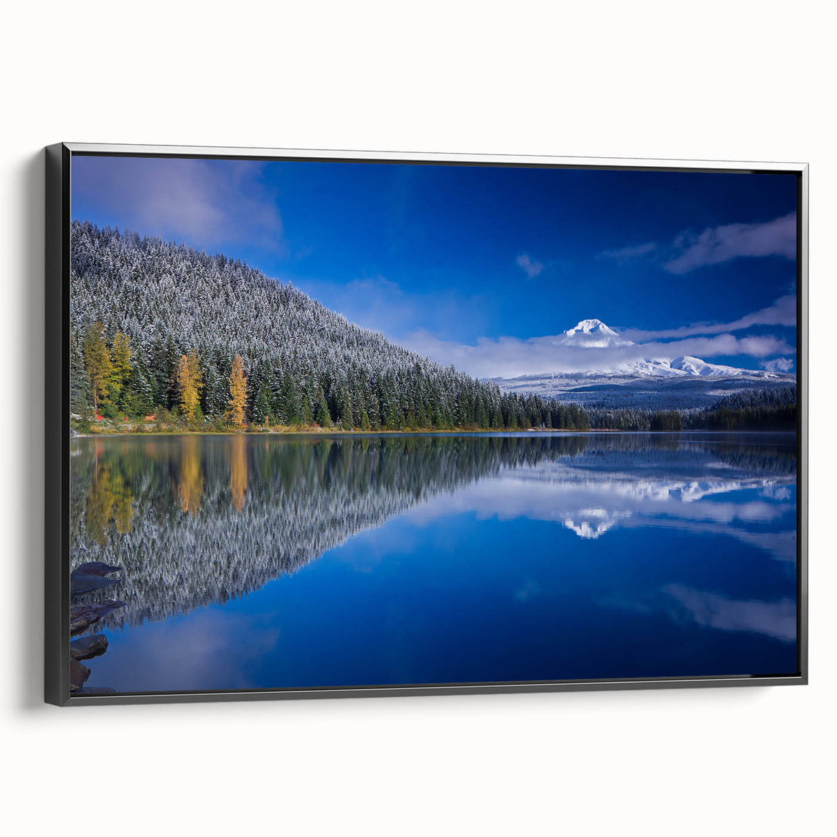 Black and white wall art of Mount Hood, Oregon on framed canvas, suitable for bedroom decor with a vintage poster style.