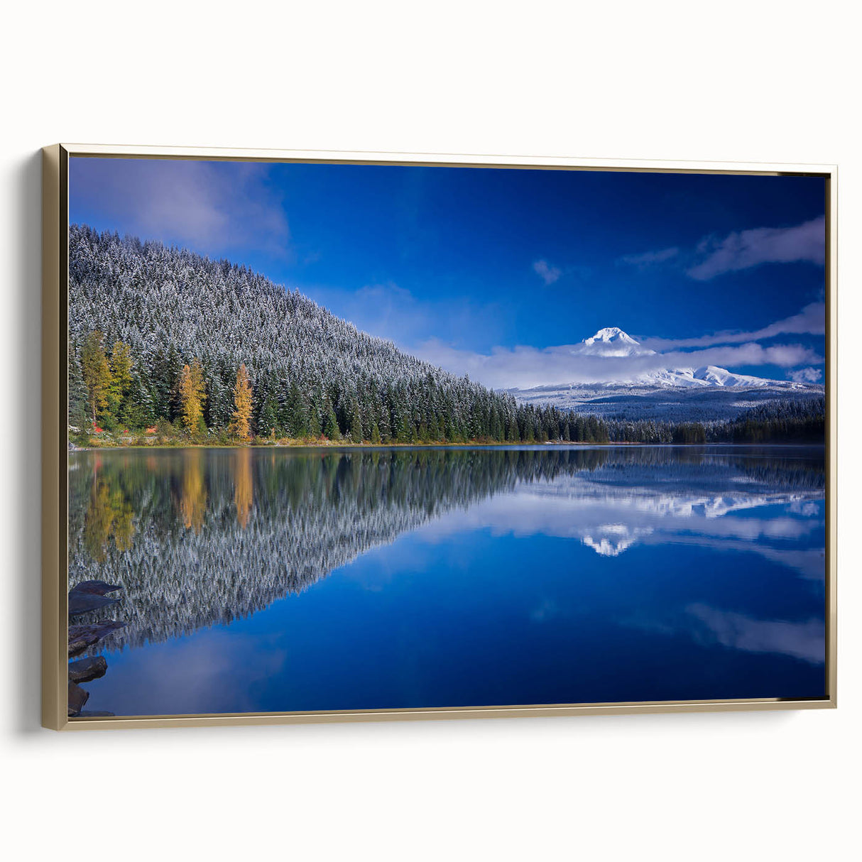 Framed canvas wall art depicting Mount Hood in Oregon, featuring muted earth tones, ideal for bedroom decor.