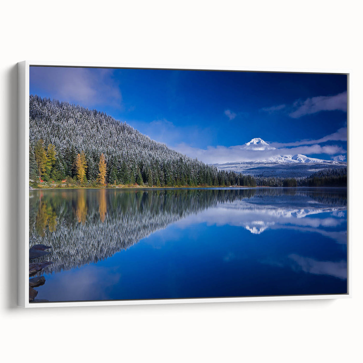 Vintage poster art of Mount Hood in Oregon, with colorful hues on a large framed canvas, suitable for living room decor.