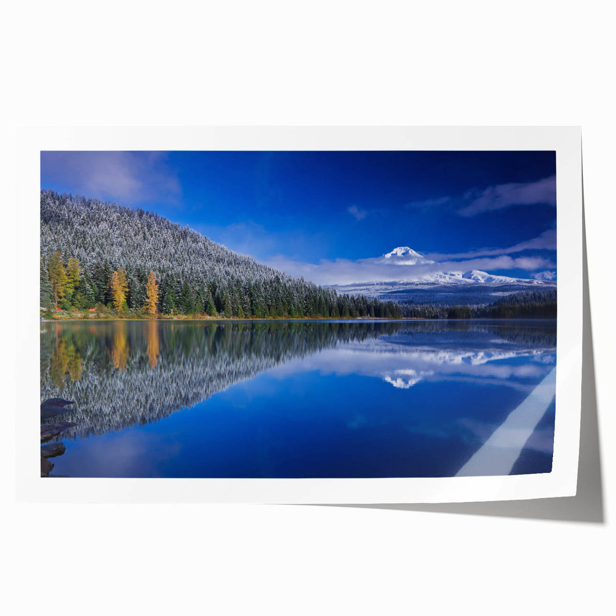 Rolled print of Mount Hood in Oregon with muted green and blue tones, ideal for art wall dining room or large bathroom.