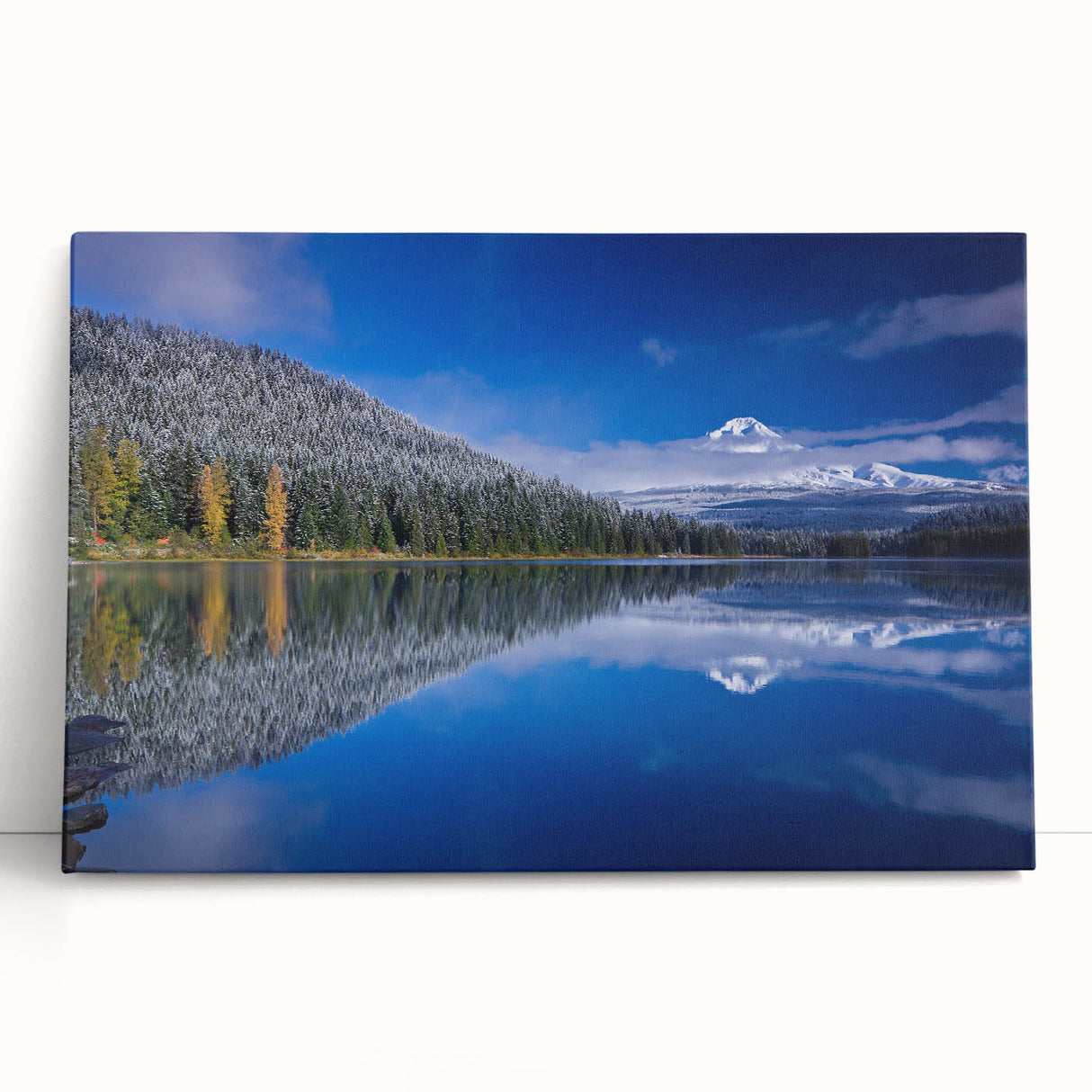 Large black and white stretched canvas of Mount Hood, Oregon, ideal for kitchen wall art or bedroom decor.