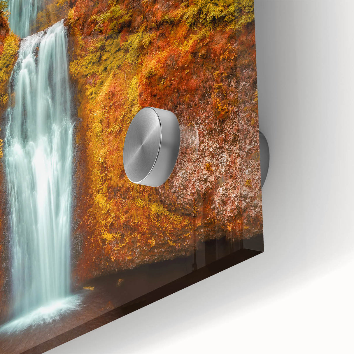 Acrylic print of Multnomah Falls in Oregon, featuring large abstract shapes and mid-century modernist style.