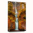 Acrylic print of Multnomah Falls in Oregon, featuring vibrant green and blue tones, ideal for dining room art.