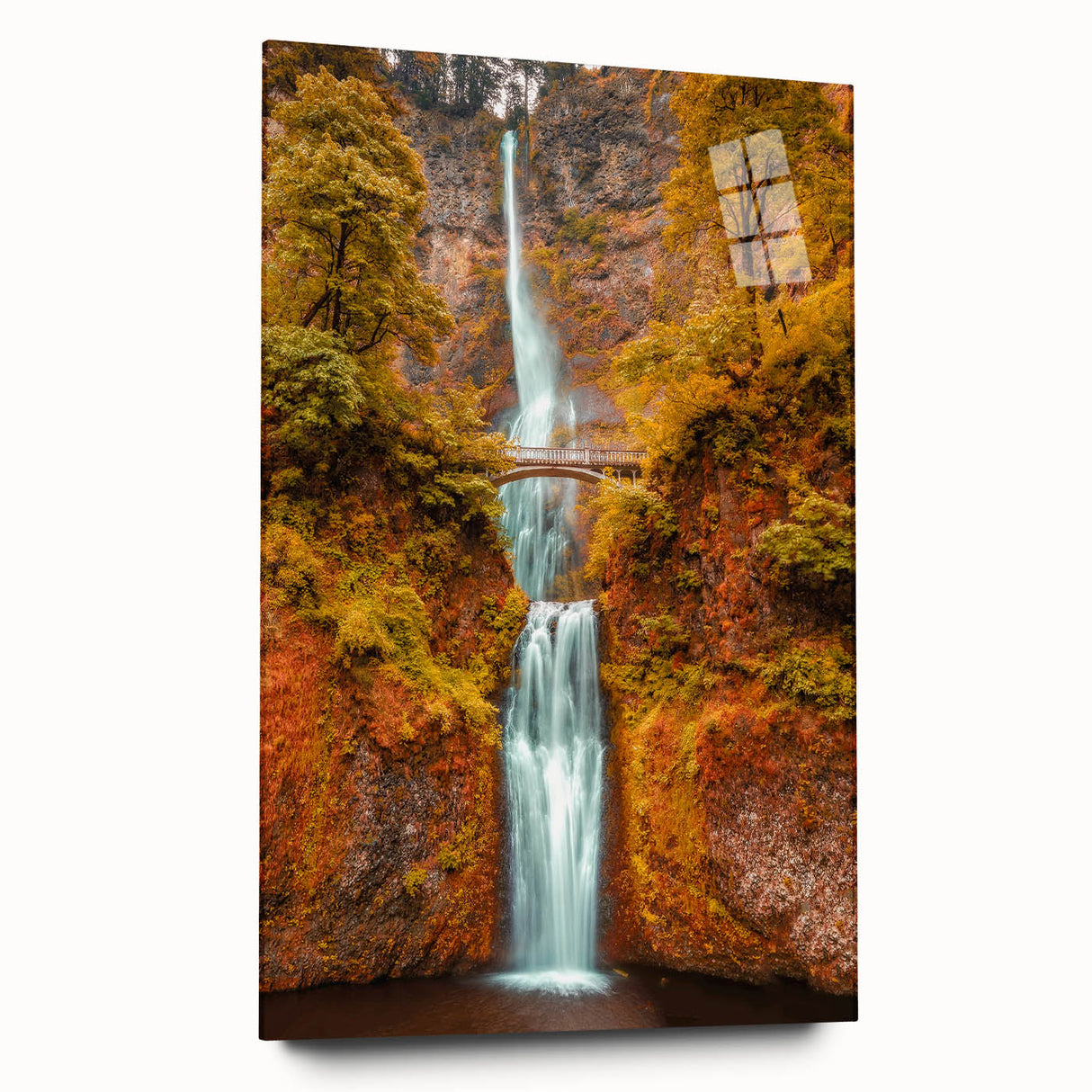Acrylic print of Multnomah Falls in Oregon, featuring vivid green and blue tones, ideal for bedroom or dining room art.