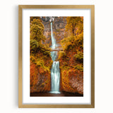 Extra large framed print of Multnomah Falls, Oregon, in muted green and blue tones, ideal for living room decor.