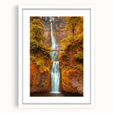 Abstract art print of Multnomah Falls in muted green and blue tones, framed with a white mat, suitable for dining room decor.