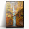 Large abstract wall art of Multnomah Falls in muted green and blue tones, framed in black acrylic.
