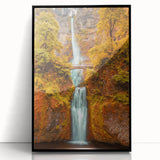 Large abstract wall art of Multnomah Falls in muted green and blue tones, framed in black acrylic.