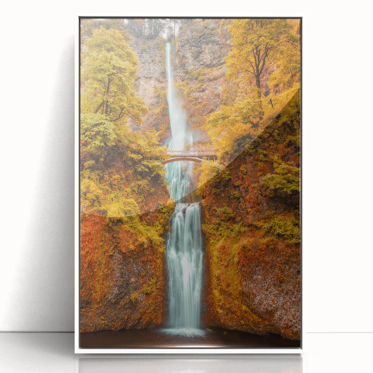 Acrylic print of Multnomah Falls in Oregon, using a monochrome palette, framed in white, suitable for modern art wall decor.