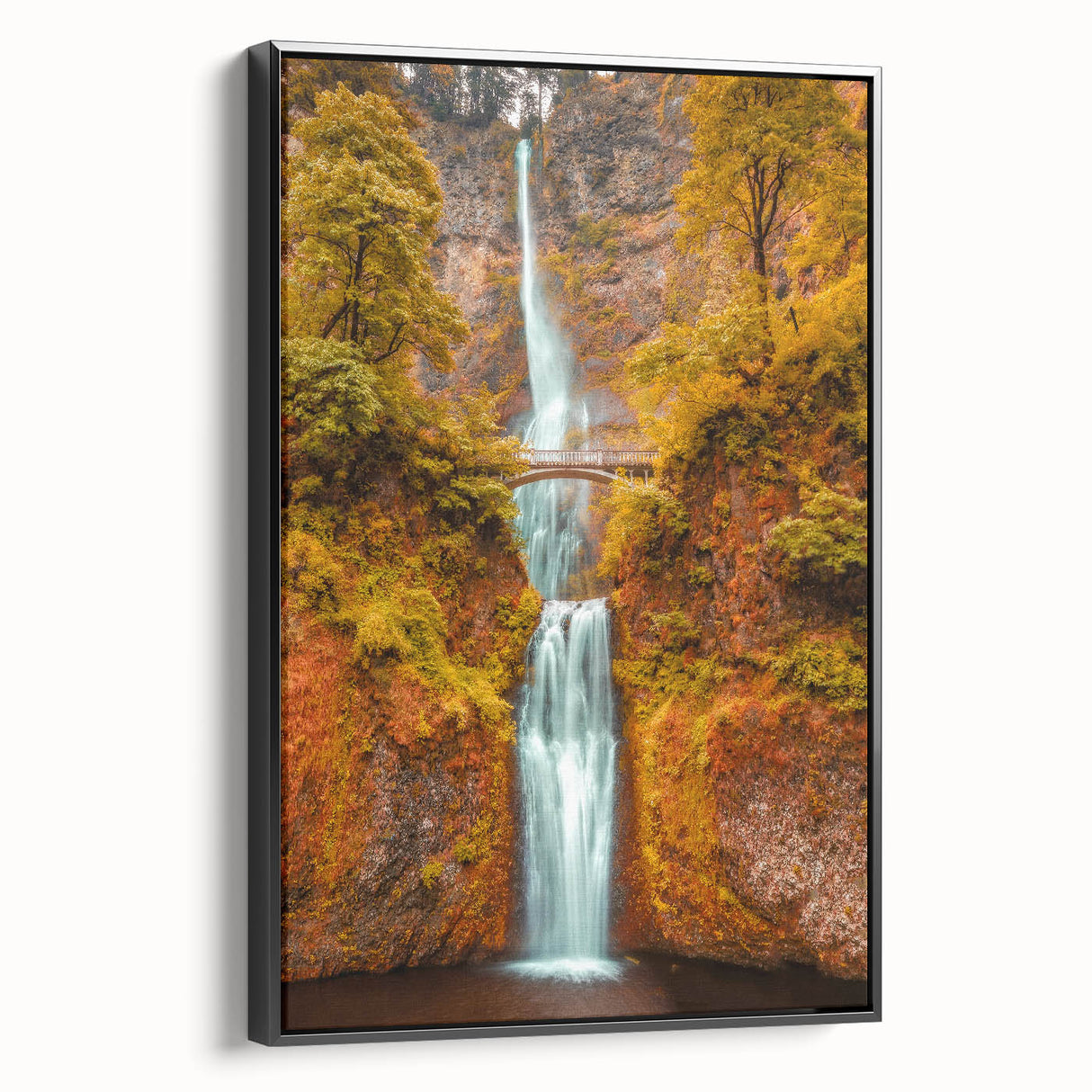 Black and white framed canvas of Multnomah Falls in Oregon, ideal for bedroom landscape art.
