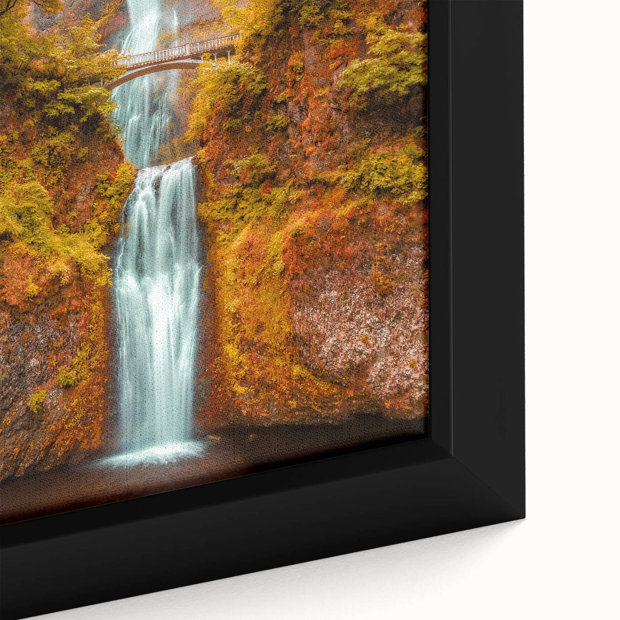Extra large framed canvas of Multnomah Falls in Oregon, featuring a textured design with vibrant green and blue tones.